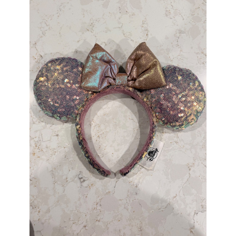 Disney Parks Minnie Mouse Sequin Ears Headband Rose Gold Iridescent Bow